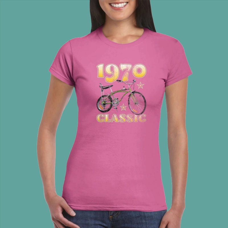 Womens 1970 Classic Bike t shirt colour Azalea