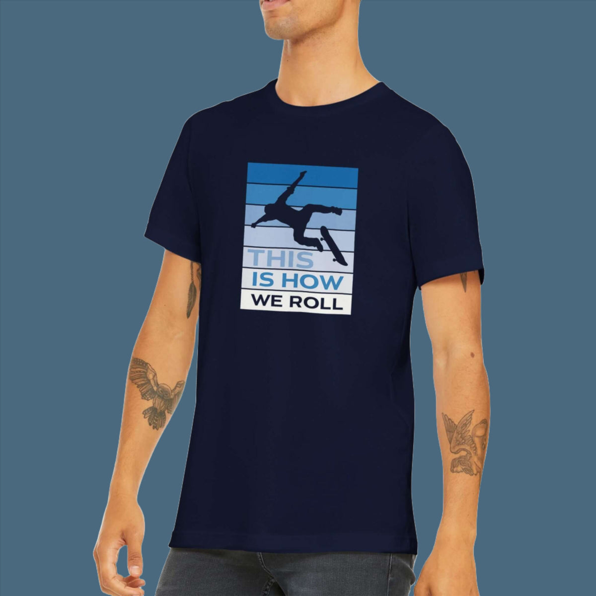 Mens Blue Skater on navy t shirt - MangoBap