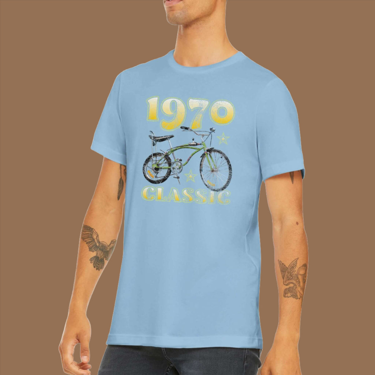 1970 Classic Bike T Shirt colour light blue